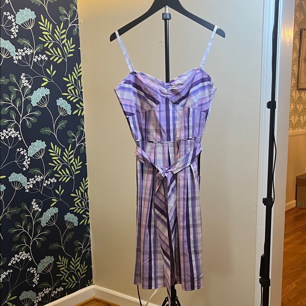 Ann Taylor LOFT Purple Plaid Sundress Strappy Fit & Flare Tie Waist Size 8